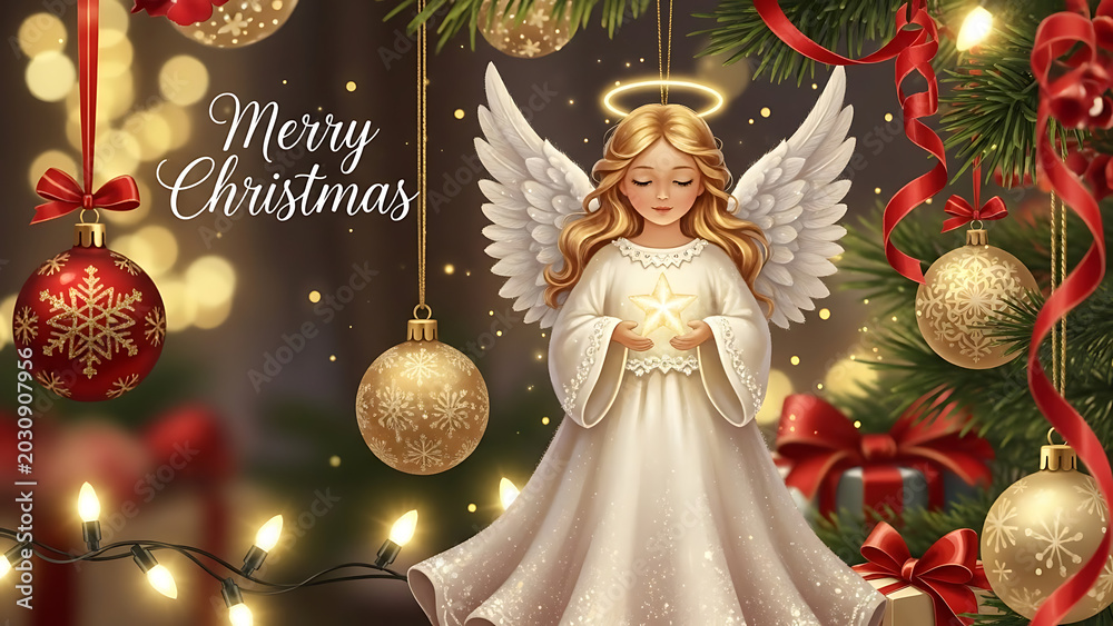Obraz premium Elegant Festive Christmas Greeting Card Featuring a Golden Celestial Angel Ornament with Shimmering White Decor and Seasonal Winter Holiday Background Elements for Celebration