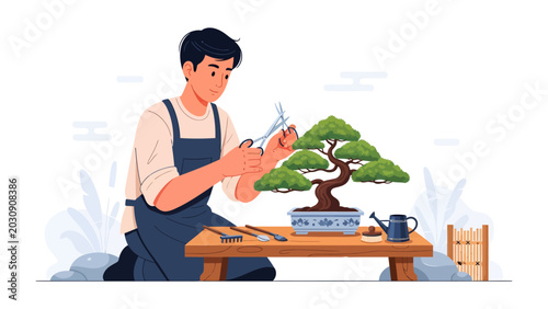 Bild auf Leinwand Man Trimming Bonsai Tree: A focused man in an apron meticulously prunes a miniature bonsai tree, showcasing the art of bonsai cultivation and the patience required for this horticultural hobby