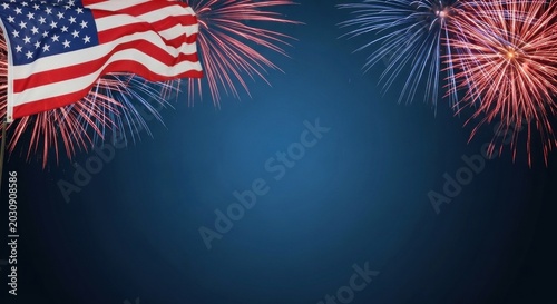 American flag waving with vibrant red white and blue fireworks exploding against a dark blue night sky