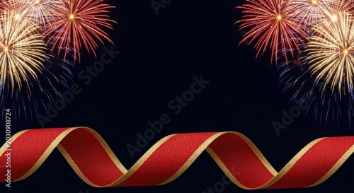 Vibrant fireworks explode against a dark night sky with a wavy red and gold ribbon