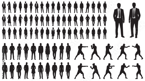 Schilderij op canvas Vector business people silhouette mega set with corporate professionals standing, executive managers, and boxing martial arts fighters posing