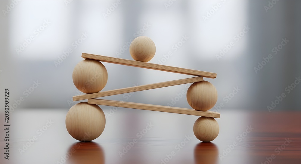 Obraz premium Delicate Wooden Ball and Stick Balance Sculpture, Precarious Equilibrium, Conceptual Stability, Minimalist Design