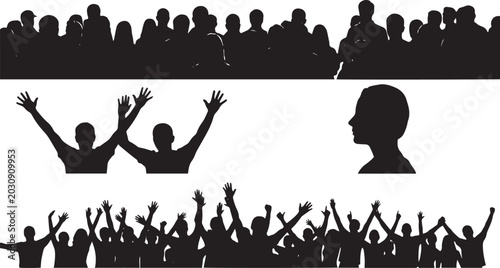 Fotografi Vector silhouette collection featuring large crowds of cheering people, hands raised, concert audience, and a side profile head avatar