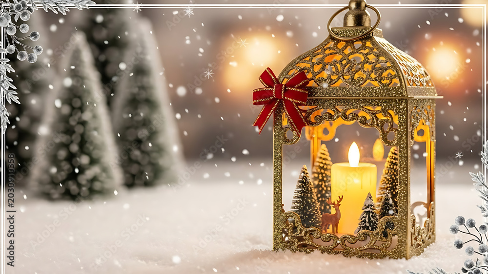 Fototapeta premium Festive Golden Christmas Lantern Glowing in Deep Winter Snow at Night, Elegant Holiday Greeting Card Decoration with Warm Light and Frosty Background Atmosphere for Seasonal Celebration Concept