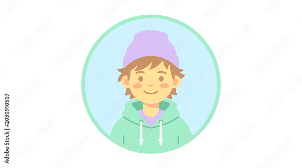 Fototapeta premium Cute Cartoon Boy Avatar Icon with Beanie and Hoodie, Profile Picture