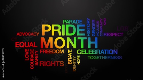 pride month concept Animated Tag Word Cloud kinetic typography, Text Design Animation typography seamless loop video motion graphics Intro Wordart arrangement tagcloud rainbow type on black background