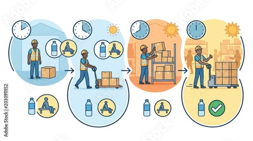 Graphic shows a worker acclimatization schedule with steps for tasks, breaks, and safety measures in a warehouse setting throughout the day.