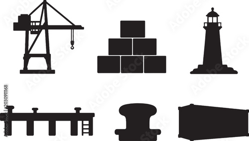 Port harbor silhouette set black vector crane containers lighthouse dock bollard shipping
