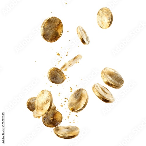 Golden Seeds in Motion: A scattering of golden seeds, perhaps coffee beans or other small grains, are depicted falling through the air, creating a dynamic sense of movement and texture.