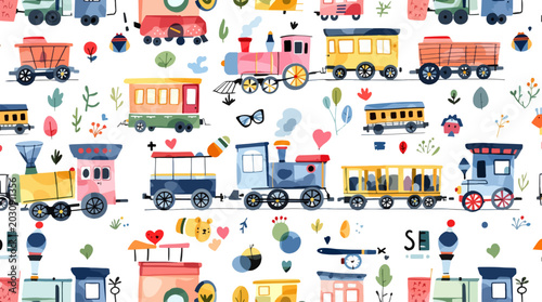 Cute watercolor trains and railway carriages seamless children pattern design