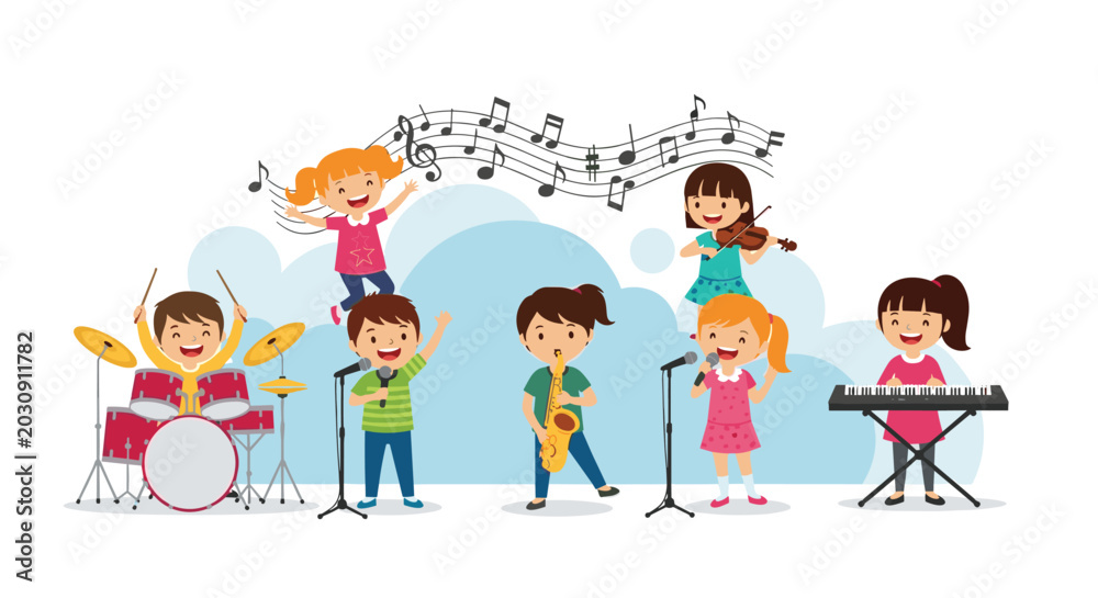 Fototapeta premium Group of diverse children performing together in a band with musical instruments including drums, saxophone, and violin.