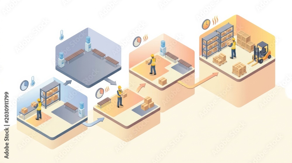 Fototapeta premium A worker acclimatization schedule for safety in a warehouse environment with multiple stages and activities involved.