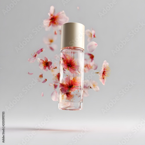 Essence of Blossom: A delicate perfume bottle floats amidst a cascade of soft pink cherry blossom petals, evoking a sense of spring renewal and floral fragrance.