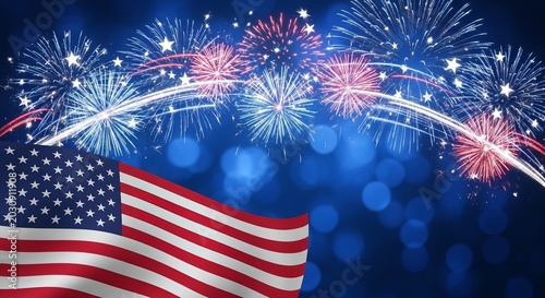 American flag waving with vibrant red white and blue fireworks exploding in night sky