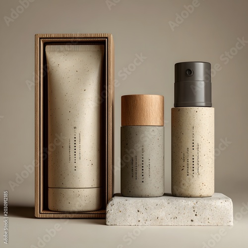Minimalist Skincare Set: A chic, minimalist skincare set featuring a tube in a wooden box and two cylindrical bottles, one with a wooden cap and the other with a dark grey cap.