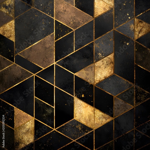 Geometric Luxury Pattern: An abstract pattern featuring interlocking geometric shapes in black, gold, and brown, with a textured, marbled effect and subtle glitter accents.