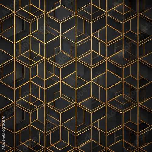 Geometric Gold Pattern: An intricate geometric design featuring interlocking gold lines and dark grey hexagonal shapes creates a sophisticated and modern abstract background.