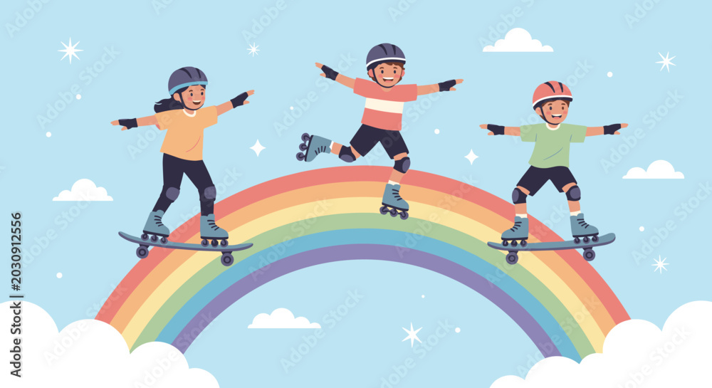 Naklejka premium Joyful children skating and skateboarding across a vibrant rainbow in the sky depicts fantasy adventure and active outdoor fun.