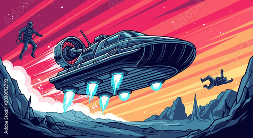 Photos Retro Sci-Fi Hovercraft on Alien Planet with Astronauts