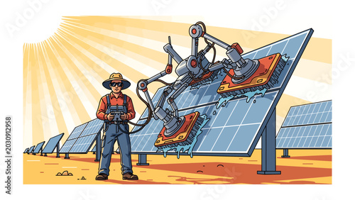 Photos Robotic Arm Cleans Solar Panel: A worker in a wide-brimmed hat and overalls stands beside a large solar panel array, supervising a robotic arm meticulously cleaning the panels under a bright