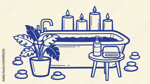 Photography Relaxing spa bathroom scene with bathtub, candles, plants and massage stones line art