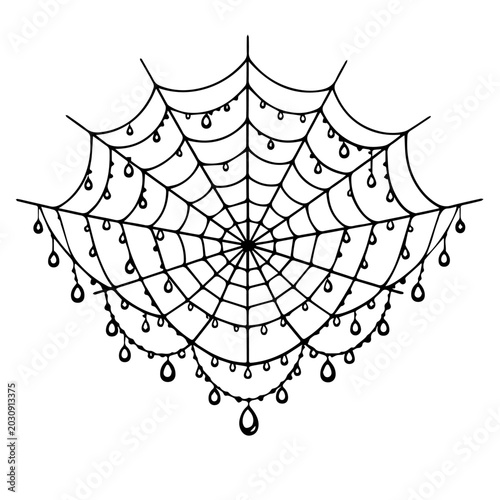 Fotografi Spider web with morning dew drops, geometric black ink, minimal vector, white ba