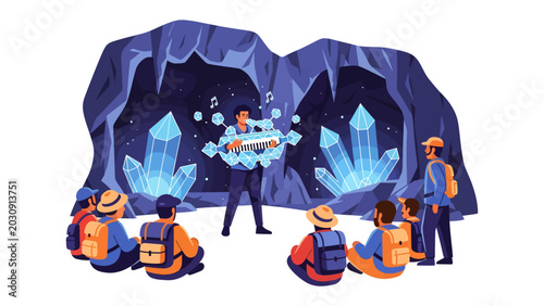 Konstfotografi Crystal Cave Discovery: A group of hikers explores a mesmerizing crystal cave, captivated by the luminous formations and the enchanting melody played by their guide