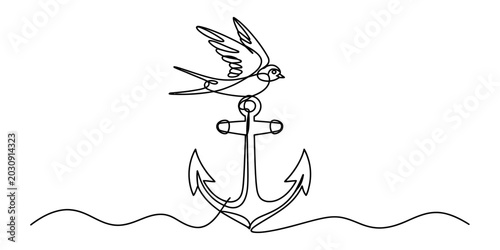 Photos Continuous one line drawing of a swallow bird sitting on a ship anchor with wave