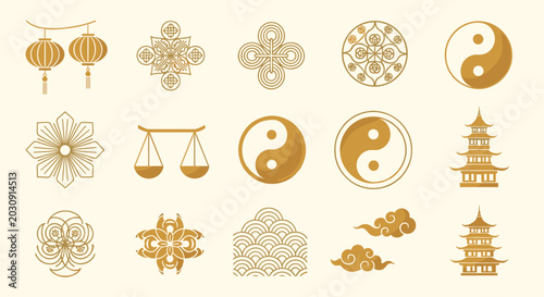 Refined collection of gold chinese traditional motifs featuring lanterns, yin yang, pagodas, and auspicious clouds on a cream background.