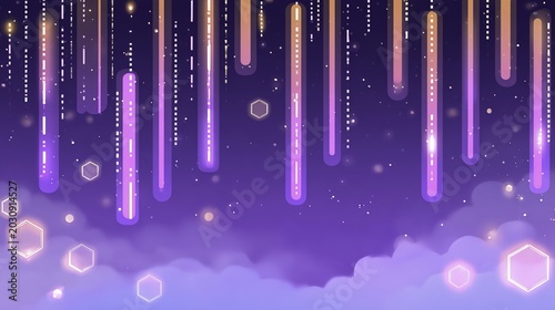 Abstract purple sky with glowing vertical lines and hexagonal shapes floating among clouds