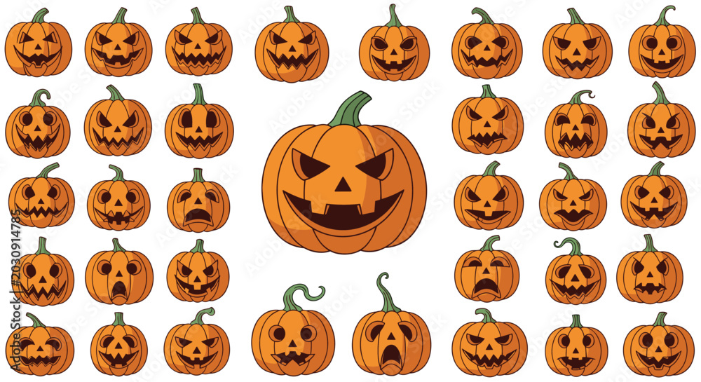 Obraz premium Huge variety of orange jack-o-lantern pumpkin faces showing different spooky expressions for Halloween holiday decorations.