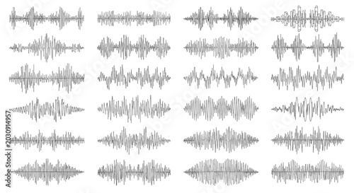 Collection of monochrome audio frequency spectrum waves and sound signals in various intensities for digital music projects.