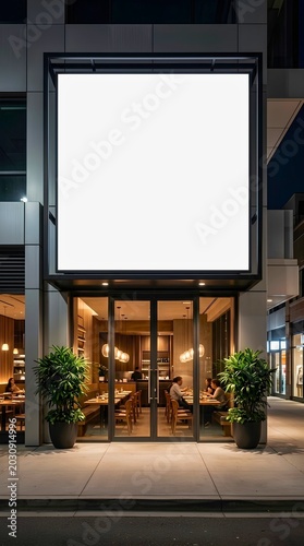 Huge vertical square blank billboard above restaurant entrance - Modern city cafe facade mockup - Template for branding