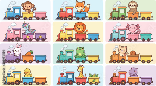 Photography Cute Animal Train Cartoon Collection Set with Monkey Fox Lion Rabbit Frog Cat an
