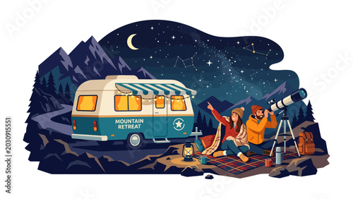 Star Gazing Adventure: A couple enjoys a romantic night of stargazing with a telescope next to their camper van in a serene mountain landscape under a vast, star-filled sky.