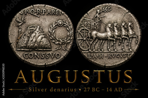 Ancient Roman silver denarius coins of Emperor Augustus from Rome