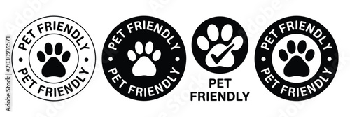 Pet friendly icon set featuring veterinarian approved symbols and dogs cats allowed signs in flat vector style