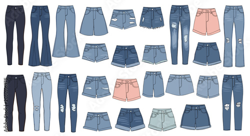 Extensive variety of denim jeans and shorts in different cuts and colors illustrates fashion trends for casual everyday wardrobe options.
