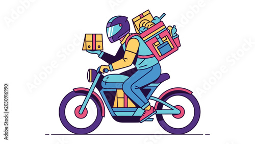 Cuadro en lienzo Delivery Driver on Motorcycle: A stylized illustration shows a delivery driver on a motorcycle, carrying packages and a backpack, representing efficient and fast delivery services
