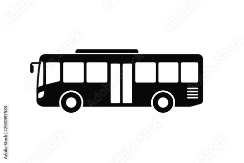 Black city bus icon vector illustration. Public transportation side view silhouette isolated.