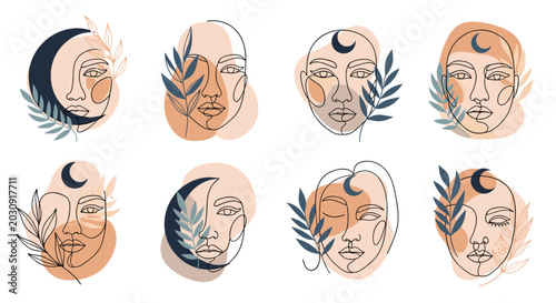 Collection of abstract female face line art portraits combined with bohemian organic shapes, moons, and tropical leaf elements.