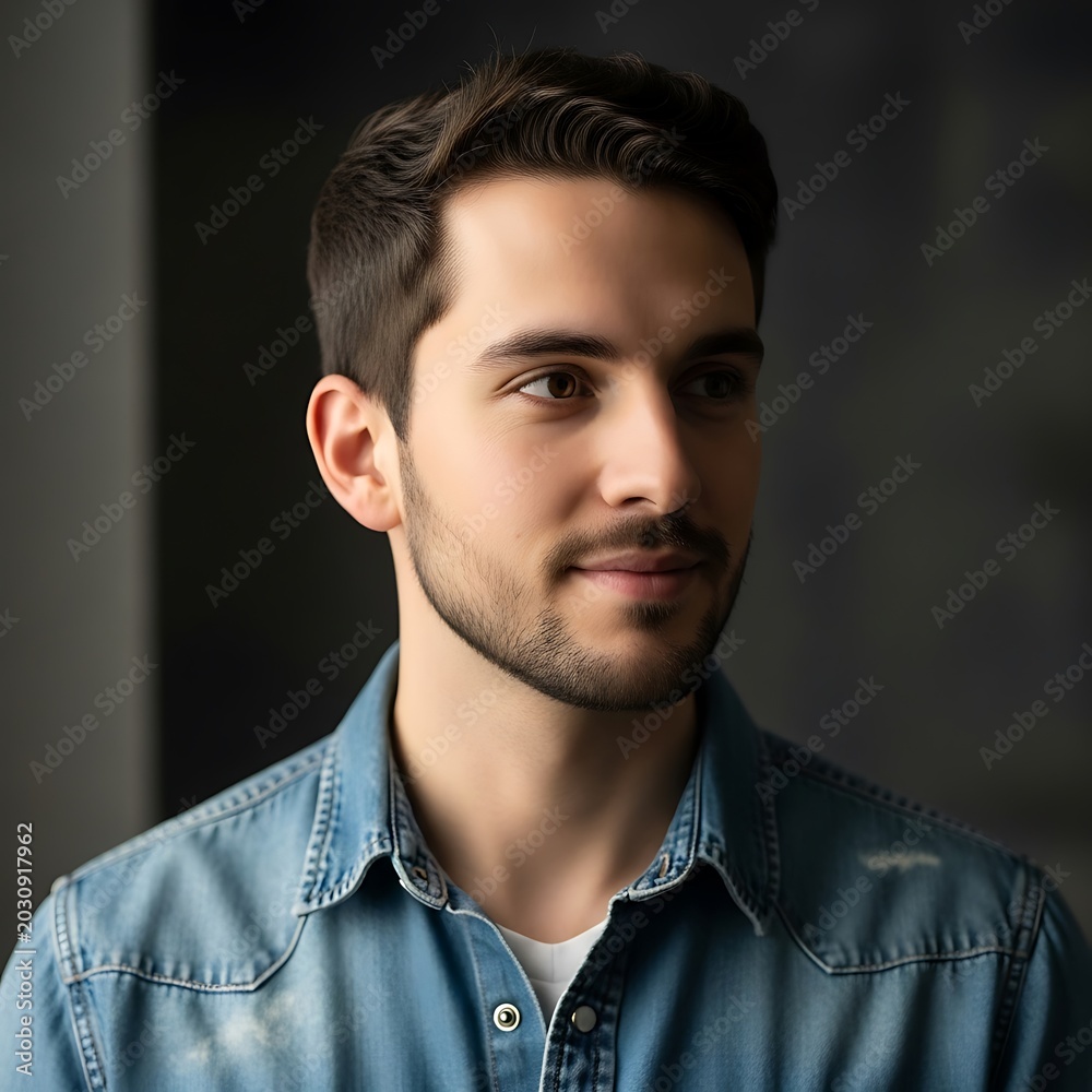 Obraz premium Young man with beard and denim shirt looking away thoughtfully.