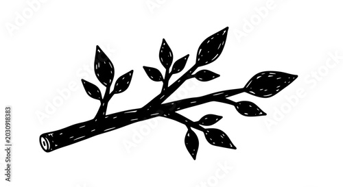 Foto Hand-drawn twig with leaves, simple black and white doodle art