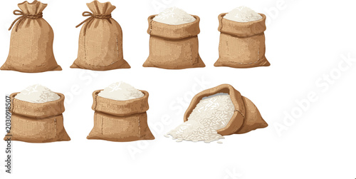 Fotografía Burlap Sacks Filled With White Rice Collection Isolated Vector Illustration Set