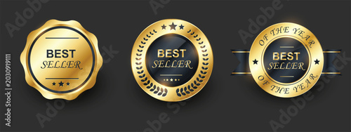 Photos Best seller premium badge collection with luxury golden award seals, elegant marketing emblems and promotional branding designs