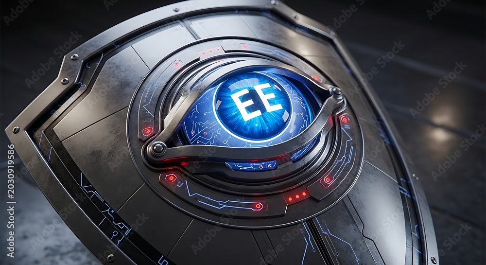 Obraz premium Close-up of futuristic robotic eye with glowing blue interface and ee logo