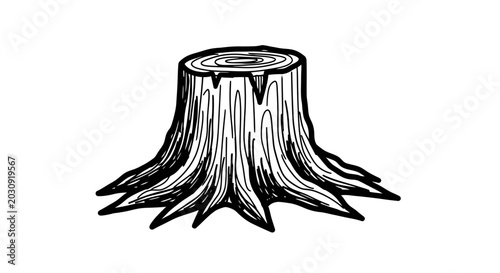 Cuadro en lienzo Hand-drawn tree stump with roots, isolated on white background