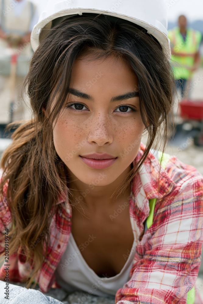 Obraz premium Closeup portrait of young female construction worker wearing a hard hat and flannel shirt for construction site background and workforce banner