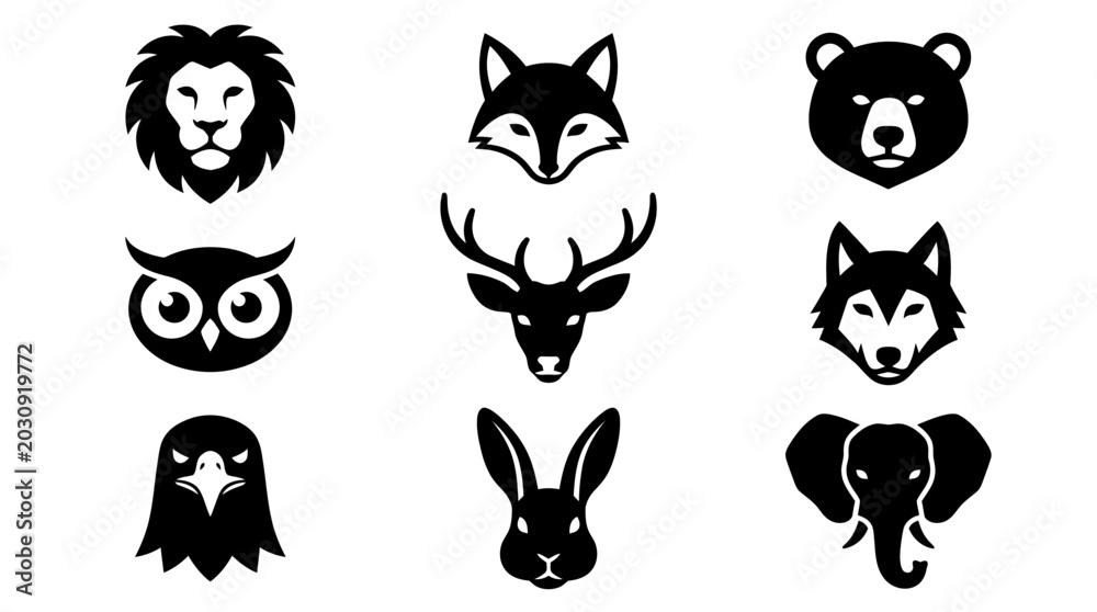 Obraz premium Black silhouettes of various animal heads on white background for logos and icons