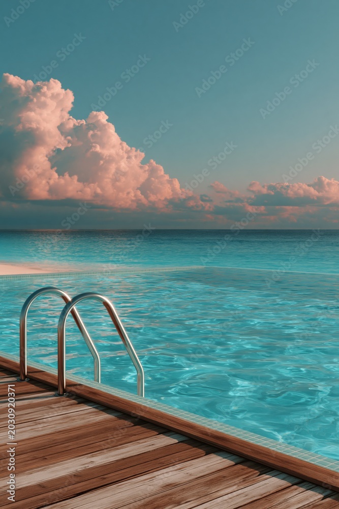 Fototapeta premium Sunset pool with dramatic pink clouds over turquoise water and wooden deck for dreamy relaxation background and wallpaper
